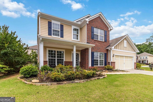 441 Spring View Dr, Woodstock, GA 30188 - traditional-style home featuring brick siding, driveway, a garage, a front lawn, and board and batten siding
