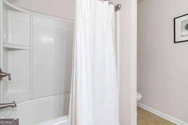 441 Spring View Dr, Woodstock, GA 30188 - bathroom with tile patterned floors, toilet, shower / tub combo with curtain, and baseboards