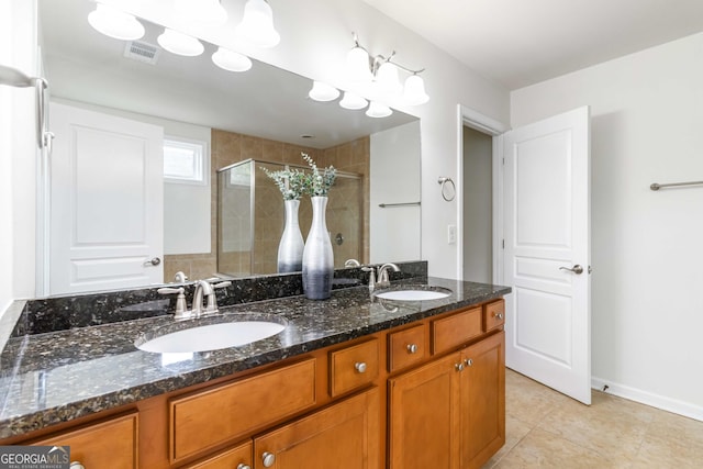 441 Spring View Dr, Woodstock, GA 30188 - bathroom with a stall shower, double vanity, tile patterned floors, and baseboards