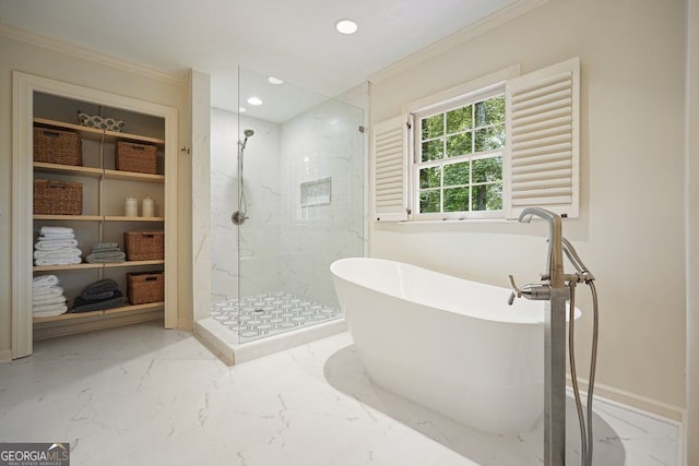 11940 Mountain Laurel Dr, Roswell, GA 30075 - bathroom featuring ornamental molding, a marble finish shower, marble tiled floors, a soaking tub, and recessed lighting