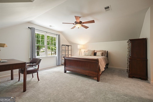 11940 Mountain Laurel Dr, Roswell, GA 30075 - bedroom with a desk, light carpet, vaulted ceiling, and ceiling fan