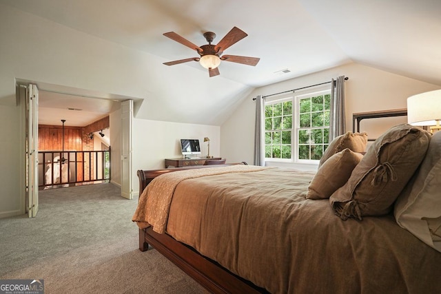 11940 Mountain Laurel Dr, Roswell, GA 30075 - carpeted bedroom with vaulted ceiling and ceiling fan