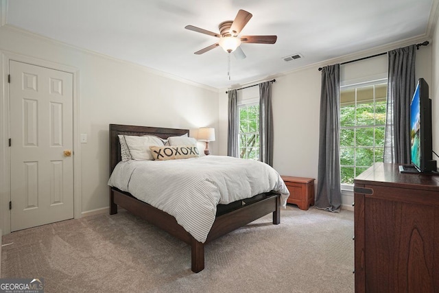 11940 Mountain Laurel Dr, Roswell, GA 30075 - bedroom featuring ornamental molding, light colored carpet, and ceiling fan