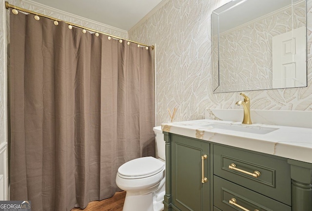 11940 Mountain Laurel Dr, Roswell, GA 30075 - bathroom featuring wallpapered walls, vanity, crown molding, wood finished floors, and a shower with curtain