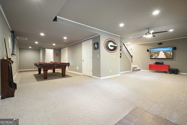 11940 Mountain Laurel Dr, Roswell, GA 30075 - game room featuring light colored carpet, crown molding, billiards table, recessed lighting, and a ceiling fan