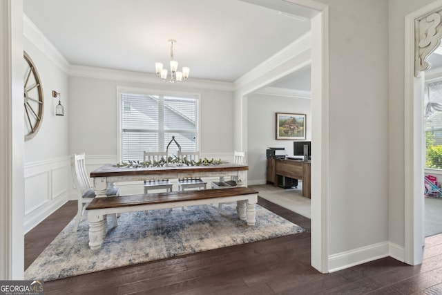 836 Hawkins Creek Dr, Jefferson, GA 30549 - dining area with a chandelier, ornamental molding, a desk, dark wood-style flooring, and a wainscoted wall