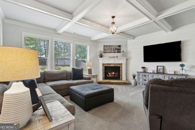 836 Hawkins Creek Dr, Jefferson, GA 30549 - carpeted living room with coffered ceiling, a fireplace, beamed ceiling, crown molding, and a chandelier