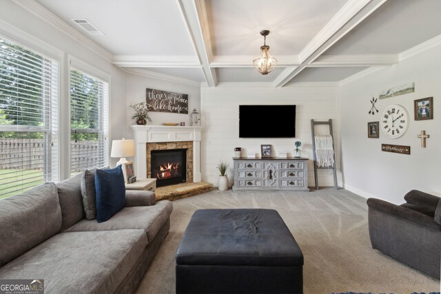 836 Hawkins Creek Dr, Jefferson, GA 30549 - living area with carpet, beam ceiling, a fireplace, coffered ceiling, and crown molding