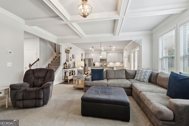 836 Hawkins Creek Dr, Jefferson, GA 30549 - living room with coffered ceiling, a chandelier, stairs, beam ceiling, and crown molding
