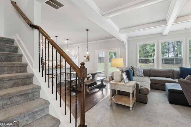 836 Hawkins Creek Dr, Jefferson, GA 30549 - living area with ornamental molding, beamed ceiling, stairway, light wood-style floors, and coffered ceiling