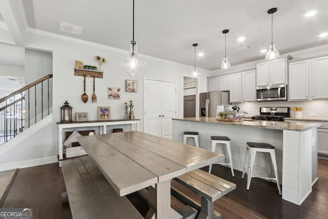 836 Hawkins Creek Dr, Jefferson, GA 30549 - dining space featuring crown molding, stairway, dark wood finished floors, and recessed lighting