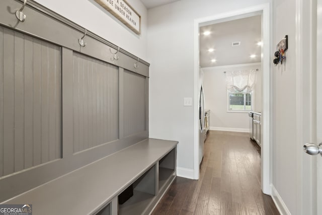 836 Hawkins Creek Dr, Jefferson, GA 30549 - mudroom with dark wood finished floors and ornamental molding