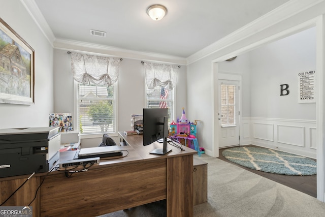 836 Hawkins Creek Dr, Jefferson, GA 30549 - home office with ornamental molding, carpet, and a wainscoted wall