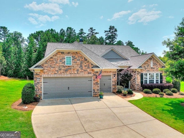 1131 Lake Front Ct, Greensboro, GA 30642 - craftsman-style home featuring stone siding, a front lawn, driveway, and an attached garage