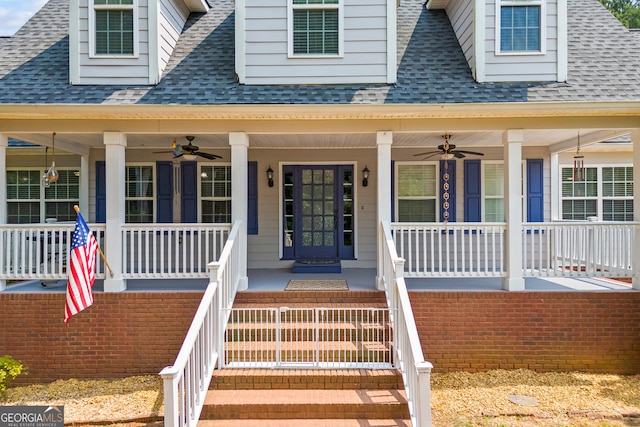 136 Wedgewood Dr, Danielsville, GA 30633 - entrance to property featuring a shingled roof, a ceiling fan, and a porch