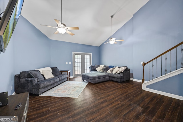 136 Wedgewood Dr, Danielsville, GA 30633 - living area featuring a ceiling fan, wood finished floors, high vaulted ceiling, stairs, and french doors