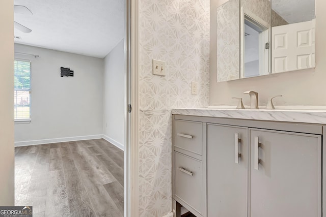 85 Prestigious Pl, Senoia, GA 30276 - bathroom featuring wallpapered walls, wood finished floors, vanity, and baseboards