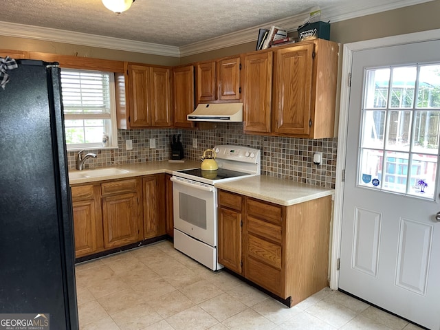 501 Lakeshore Dr, Monticello, GA 31064 - kitchen featuring white electric stove, under cabinet range hood, freestanding refrigerator, a sink, and light countertops
