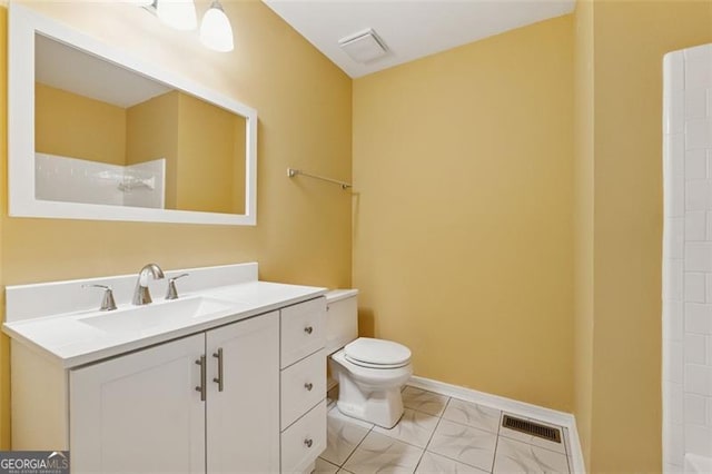 12290 Greenmont Walk, Alpharetta, GA 30009 - bathroom with vanity, toilet, a shower, marble look tile flooring, and baseboards