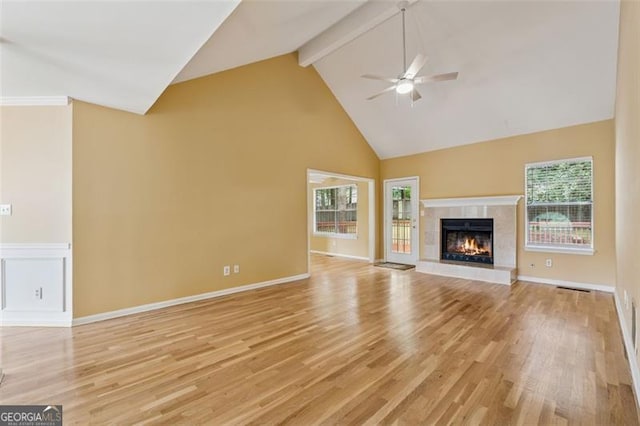 12290 Greenmont Walk, Alpharetta, GA 30009 - unfurnished living room featuring high vaulted ceiling, healthy amount of natural light, ceiling fan, light wood-type flooring, and beam ceiling