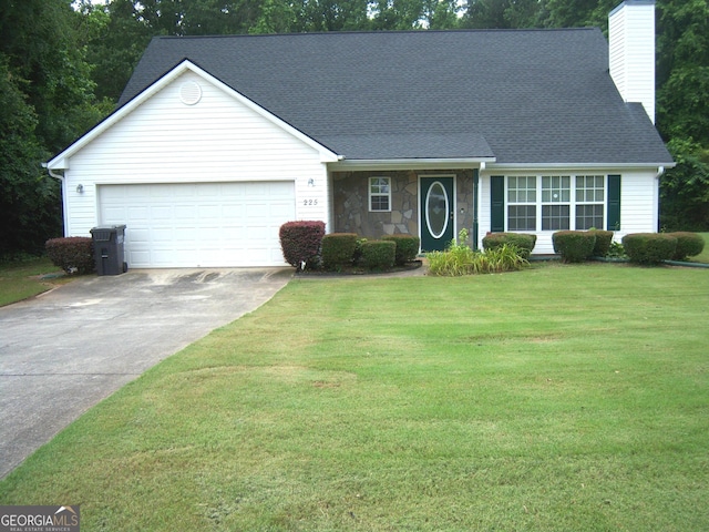 225 Long Creek Dr, Covington, GA 30016 - single story home with a chimney, an attached garage, driveway, a front lawn, and a shingled roof