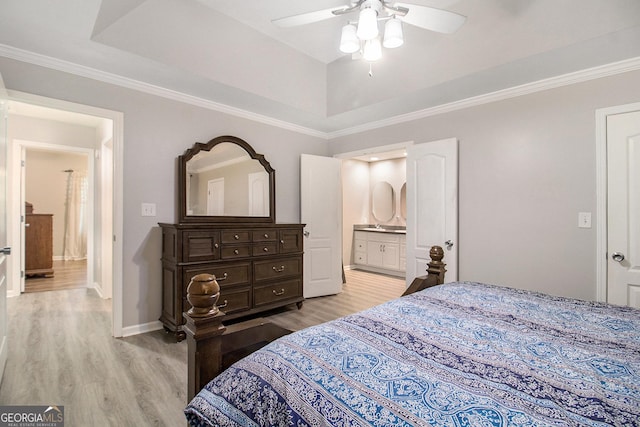325 Leonard Rd, Lagrange, GA 30241 - bedroom with light wood-style flooring, baseboards, ensuite bathroom, ornamental molding, and a raised ceiling