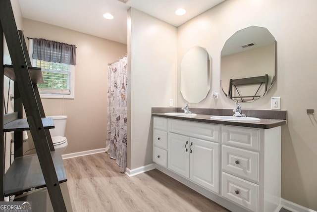 325 Leonard Rd, Lagrange, GA 30241 - bathroom featuring toilet, wood finished floors, double vanity, baseboards, and recessed lighting