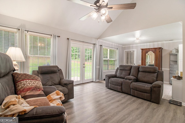 325 Leonard Rd, Lagrange, GA 30241 - living area with french doors, light wood-type flooring, a ceiling fan, and high vaulted ceiling