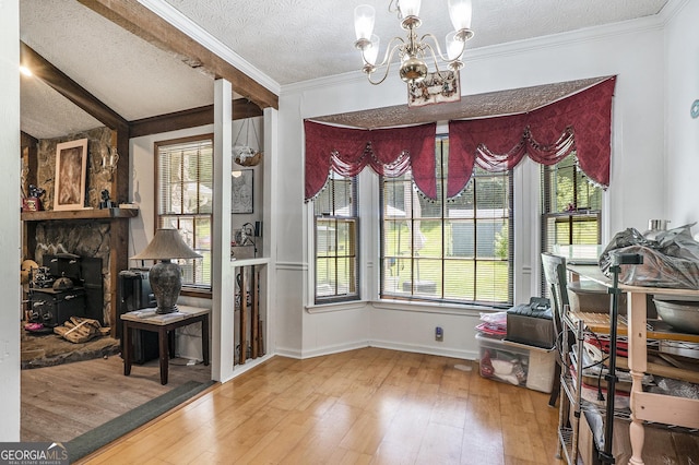 2969 White Rd NE, Conyers, GA 30012 - dining room with a chandelier, hardwood / wood-style floors, a textured ceiling, healthy amount of natural light, and ornamental molding
