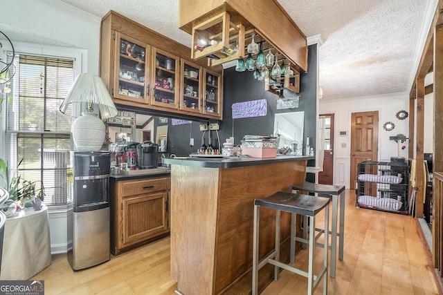 2969 White Rd NE, Conyers, GA 30012 - bar featuring a textured ceiling, light wood-style flooring, and crown molding