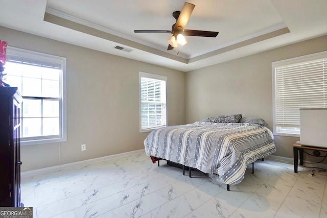 5996 Eagle Tiff Ln, Sugar Hill, GA 30518 - bedroom featuring a raised ceiling, crown molding, multiple windows, and marble finish flooring