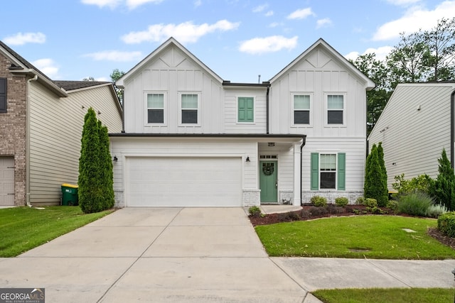 149 Archie Way, Woodstock, GA 30188 - view of front facade featuring board and batten siding, a garage, a front yard, driveway, and stone siding