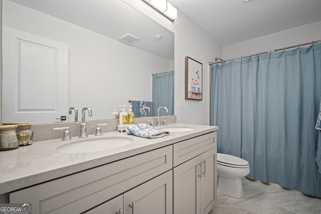 149 Archie Way, Woodstock, GA 30188 - full bath with marble look tile flooring, double vanity, toilet, and a shower with shower curtain
