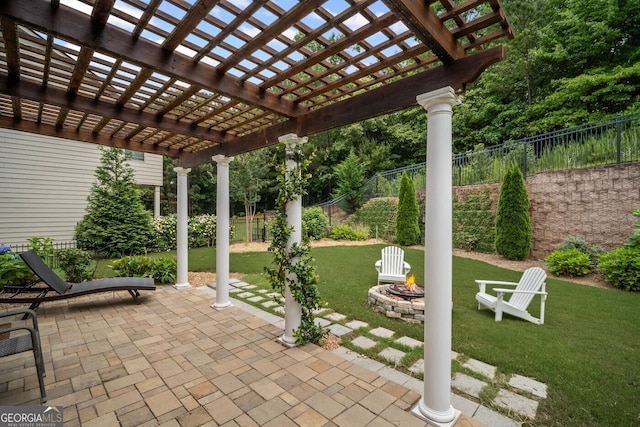 149 Archie Way, Woodstock, GA 30188 - view of patio featuring an outdoor fire pit and a pergola