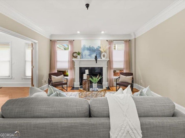 121 Fulton Way SE, Atlanta, GA 30312 - living area with crown molding, baseboards, a high end fireplace, and wood finished floors
