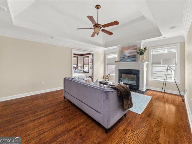 121 Fulton Way SE, Atlanta, GA 30312 - living room with a tray ceiling, a ceiling fan, baseboards, dark wood-style floors, and ornamental molding