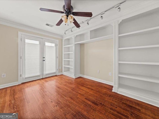 121 Fulton Way SE, Atlanta, GA 30312 - spare room with track lighting, french doors, ceiling fan, baseboards, and crown molding