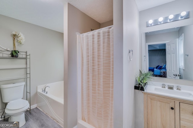 236 Fairview Dr, Dallas, GA 30157 - full bathroom with toilet, wood finished floors, a bath, vanity, and a shower with shower curtain