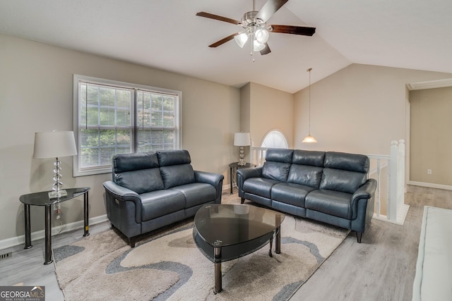 236 Fairview Dr, Dallas, GA 30157 - living area featuring ceiling fan, lofted ceiling, wood finished floors, and baseboards