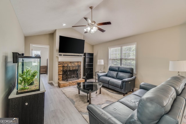 236 Fairview Dr, Dallas, GA 30157 - living room featuring a fireplace, a ceiling fan, wood finished floors, lofted ceiling, and baseboards