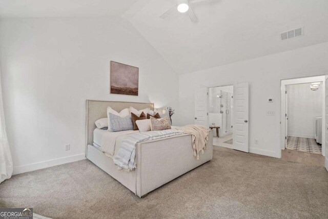 8415 Azure Overlook Trl, Gainesville, GA 30506 - carpeted bedroom with vaulted ceiling, baseboards, ensuite bathroom, and ceiling fan