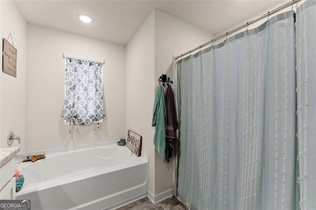 352 Walnut Grove Way, Pendergrass, GA 30567 - bathroom featuring a garden tub, vanity, recessed lighting, and a shower with shower curtain