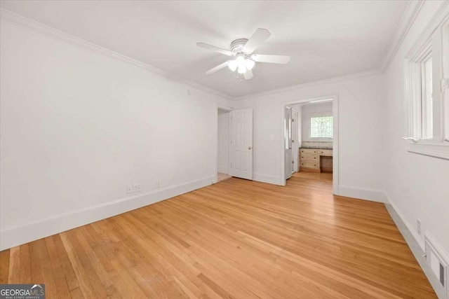 6771 Sunny Brook Ln, Atlanta, GA 30328 - unfurnished bedroom featuring light wood-style floors, crown molding, ceiling fan, and connected bathroom
