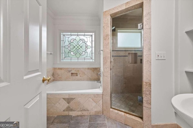6771 Sunny Brook Ln, Atlanta, GA 30328 - full bathroom with a garden tub, a shower stall, and ornamental molding
