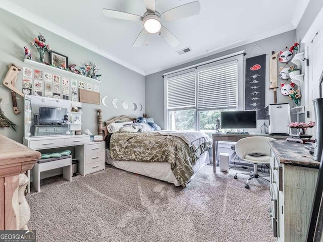 4454 Damascus Rd, Jasper, GA 30143 - bedroom with carpet, ornamental molding, an office area, and a ceiling fan