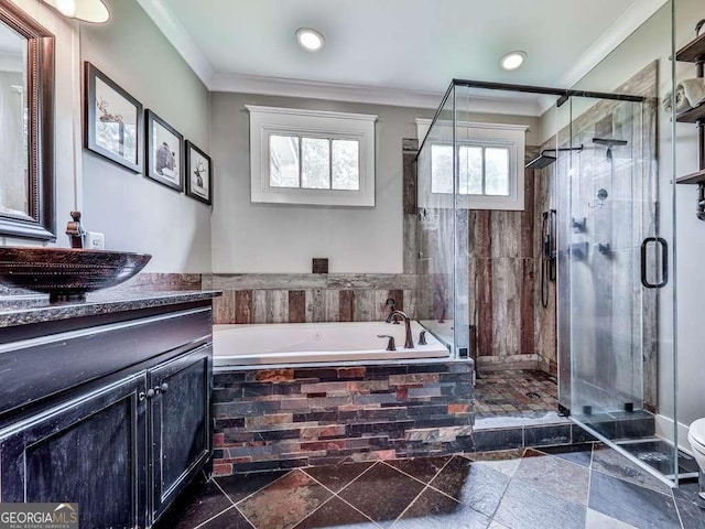 4454 Damascus Rd, Jasper, GA 30143 - bathroom with vanity, a bath, crown molding, a shower stall, and recessed lighting