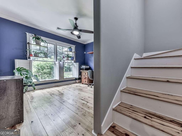 4454 Damascus Rd, Jasper, GA 30143 - stairway with ornamental molding, hardwood / wood-style flooring, and ceiling fan