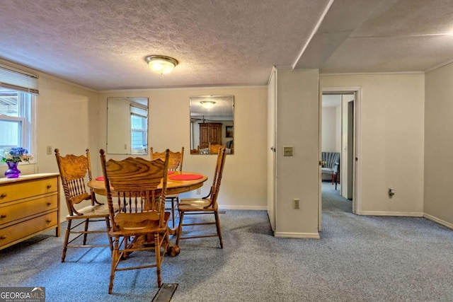 4618 Jones Gap Rd, Hiawassee, GA 30546 - dining room featuring carpet, baseboards, ornamental molding, and a textured ceiling
