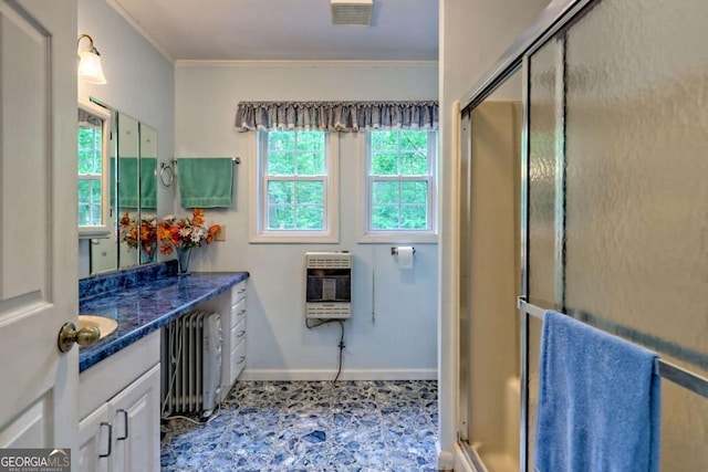 4618 Jones Gap Rd, Hiawassee, GA 30546 - full bath with heating unit, radiator heating unit, vanity, a stall shower, and ornamental molding