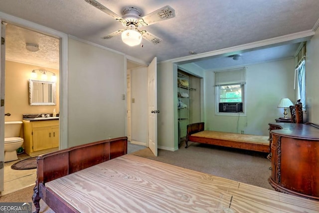 4618 Jones Gap Rd, Hiawassee, GA 30546 - carpeted bedroom featuring a textured ceiling, ornamental molding, cooling unit, multiple windows, and connected bathroom